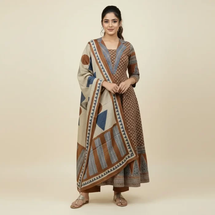 Elegant Brown & Beige Printed Cotton Kurta Set with Geometric Dupatta