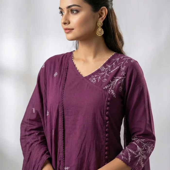 Elegant Plum Embroidered Cotton Kurta Set with Dupatta