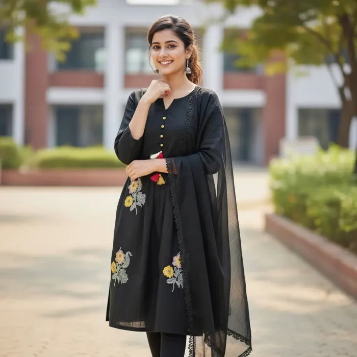 Classic Black Floral Embroidered Cotton Kurta Set with Tassel Detail