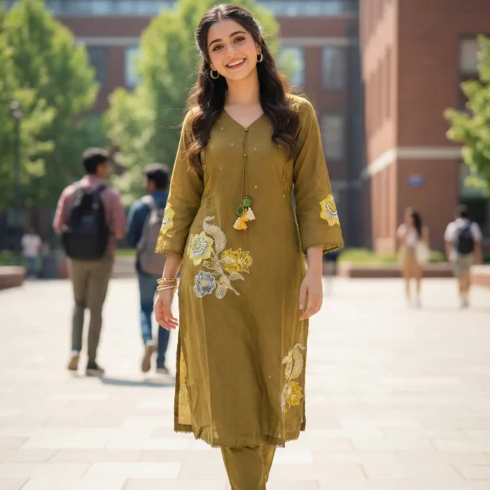 Olive Green Floral Embroidered Cotton Kurta Set with Tassel Detail