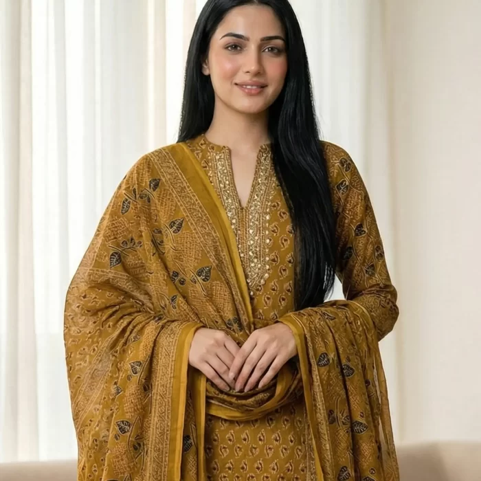 Mustard Printed Kurta Set with Embroidered Neckline & Dupatta
