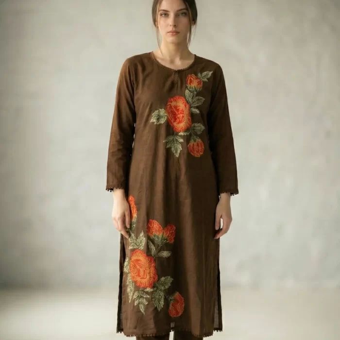 Brown Floral Embroidered Kurta Set for Women with Straight Pants