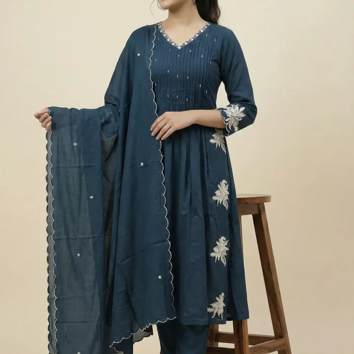 Teal Blue Embroidered Kurta Set for Women with Dupatta