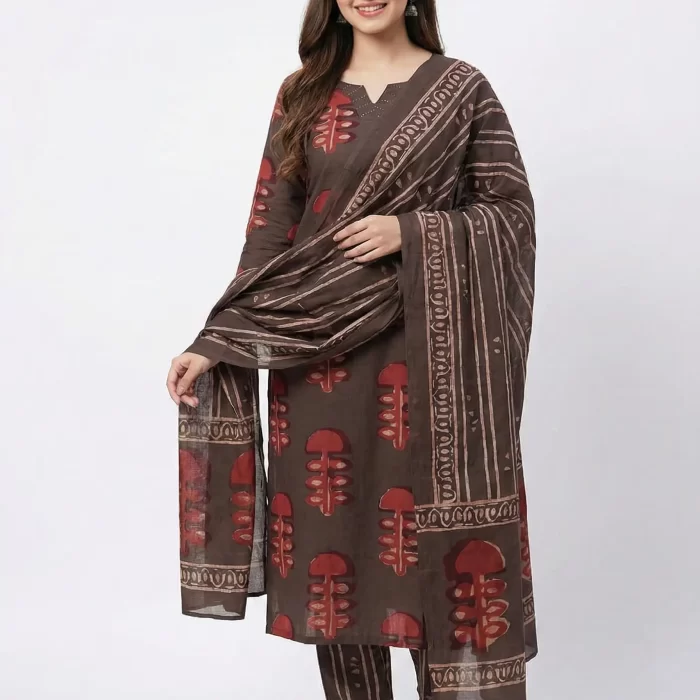 Chocolate Brown Printed Kurta Set with Dupatta & Striped Pants for Women