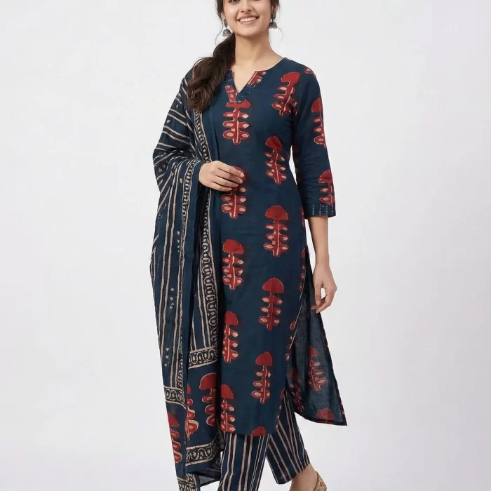 Navy Blue Printed Kurta Set with Dupatta & Striped Pants for Women