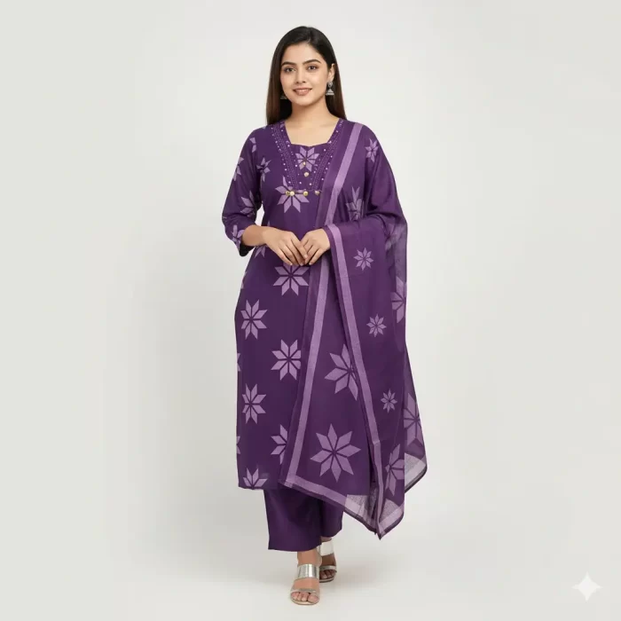 Purple Printed Kurta Set with Dupatta & Straight Pants for Women