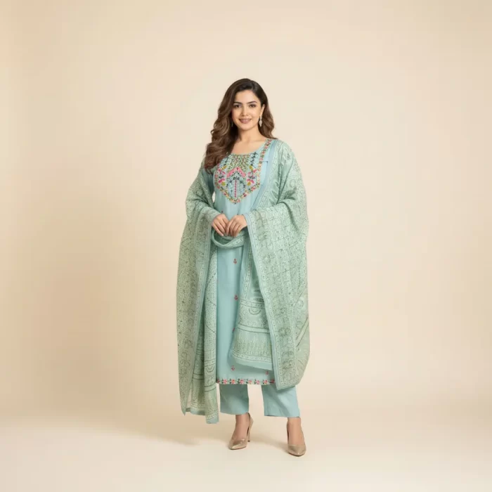 Mint Green Embroidered Kurta Set with Dupatta for Women