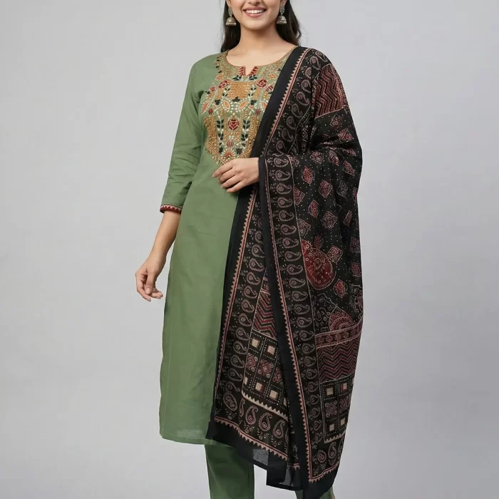 Velmora Sage Green Embroidered Kurta Set with Black Printed Dupatta