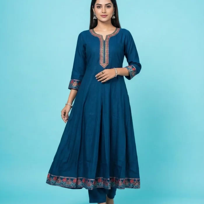 Velmora Deep Indigo Blue Embroidered Kurta Set with Floral Printed Dupatta