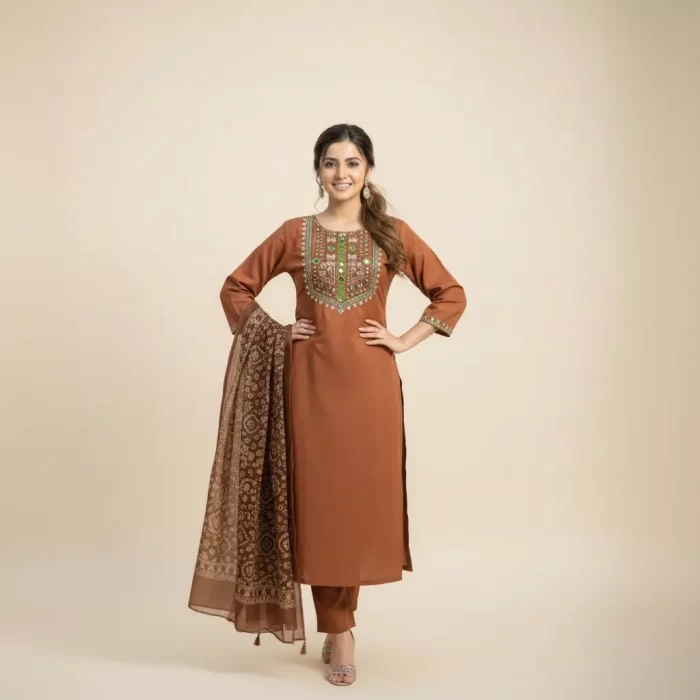 Rust Brown Embroidered Kurta Set with Printed Dupatta
