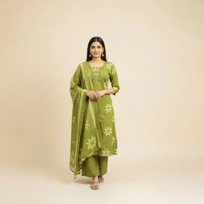 Velmora Olive Green Floral Block Print Kurta Set with Dupatta