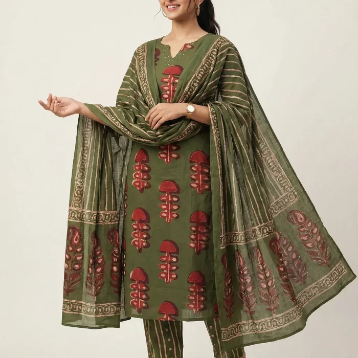 Olive Green Printed Kurta Set with Dupatta & Striped Pants for Women