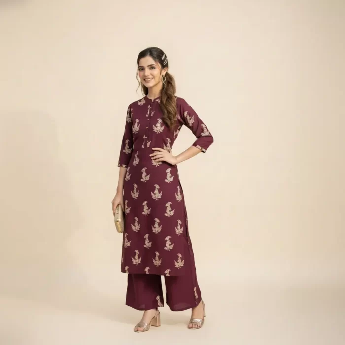 Maroon Printed Kurta Set with Palazzo Pants for Women