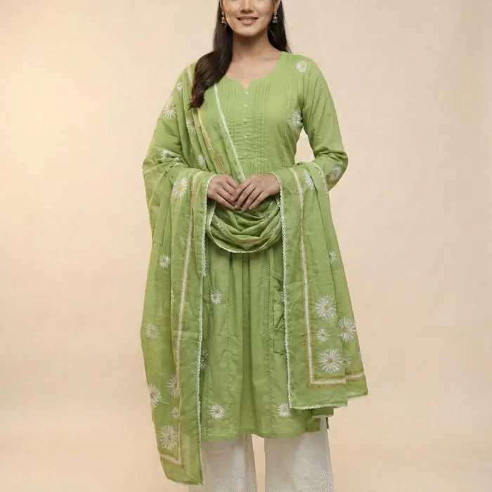 Velmora Pista Green Flared Kurta Set with Daisy Embroidery & White Palazzos