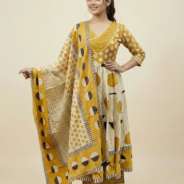Velmora Mustard Yellow Geometric Print Anarkali Kurta Set with Dupatta