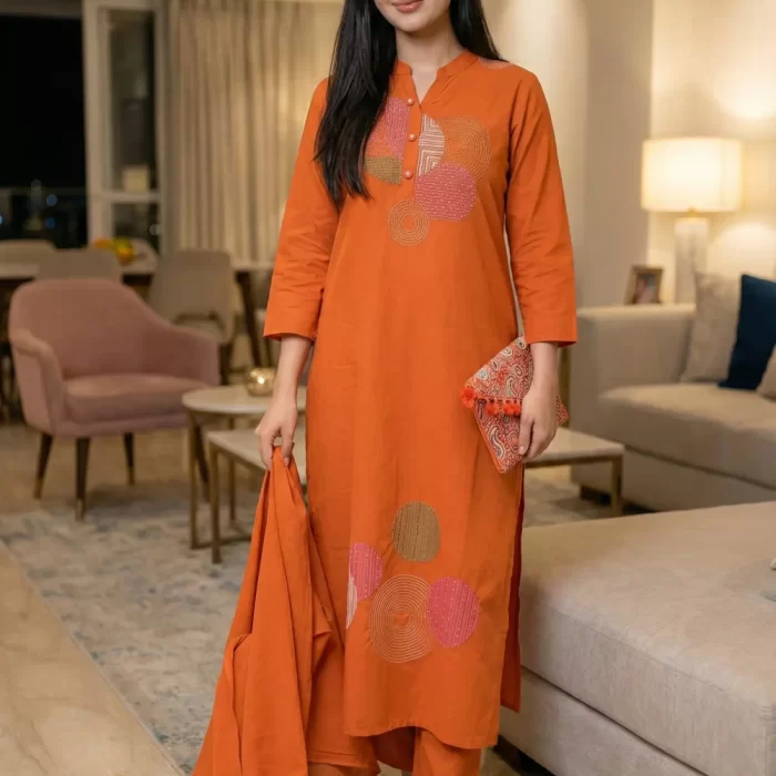 Velmora Vibrant Orange Geometric Embroidered Straight Kurta Set with Dupatta