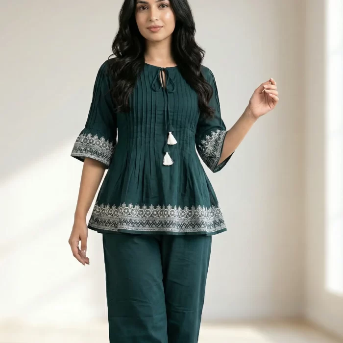 Velmora Teal Green Embroidered Peplum Kurti and Pant Set
