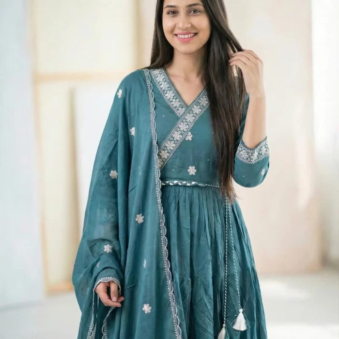 Velmora Teal Green Embroidered Tiered Anarkali Suit Set with Dupatta