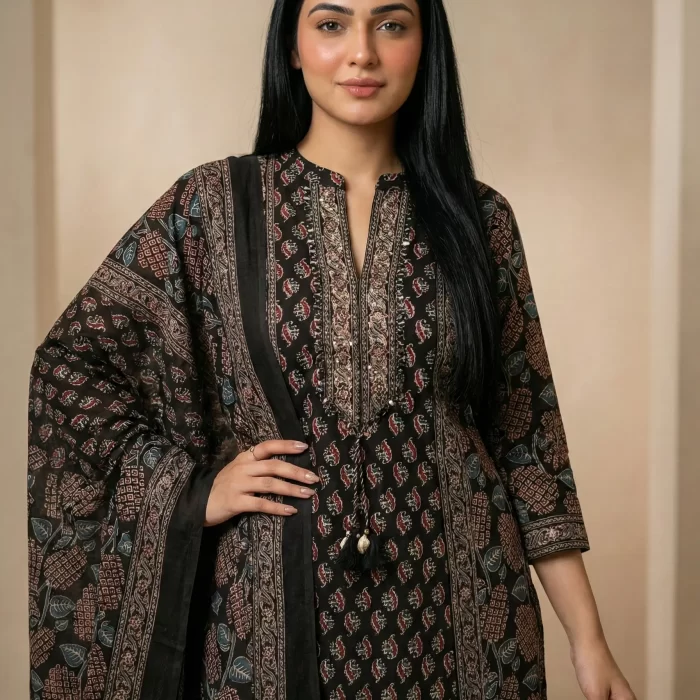 Velmora Black Heritage Floral Print Kurta Palazzo Set with Dupatta