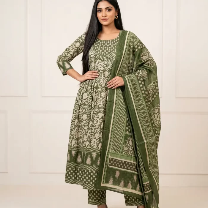 Velmora Olive Green Traditional Block Print Flared Anarkali Suit Set with Dupatta
