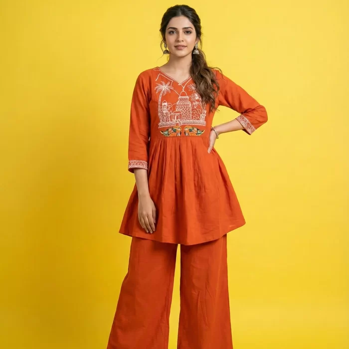 Velmora Rust Orange Embroidered Peplum Kurti and Palazzo Set
