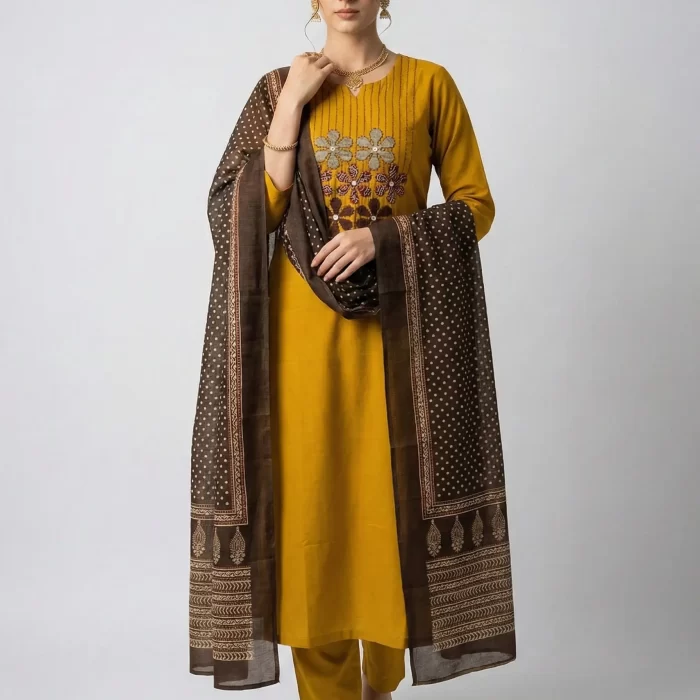 Velmora Mustard Yellow Embroidered Kurta Set with Brown Printed Dupatta