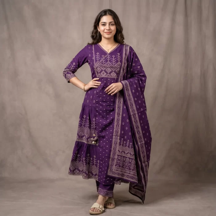 Purple Printed Anarkali Kurta Set With Dupatta For Women