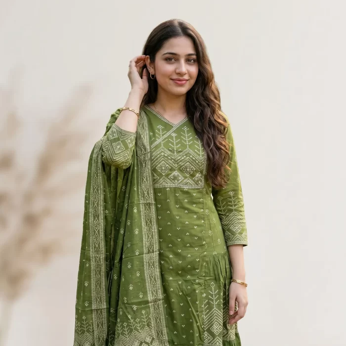 Olive Green Printed Anarkali Kurta Set With Dupatta For Women