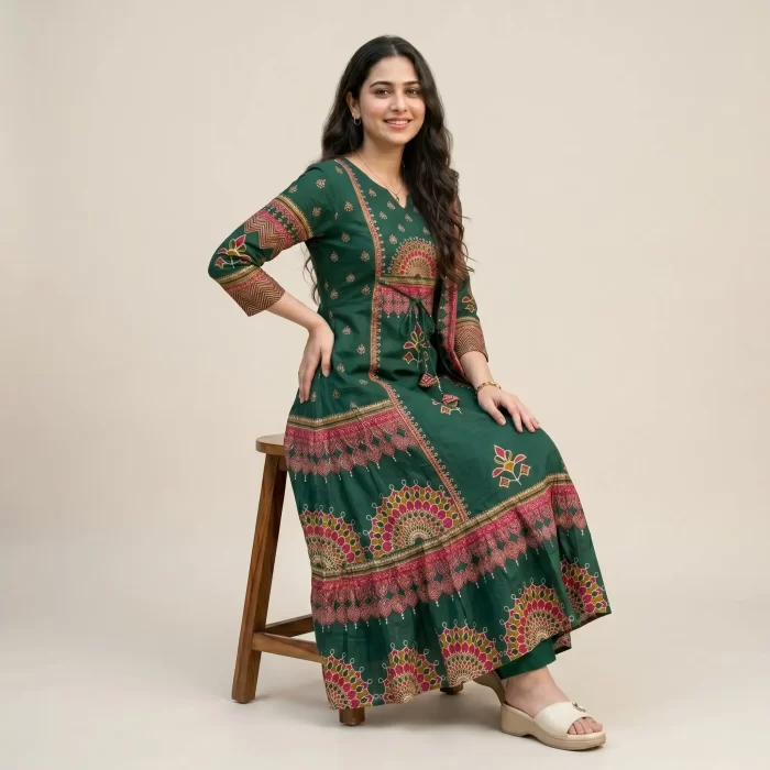 Bottle Green Printed Anarkali Kurta Set With Dupatta For Women