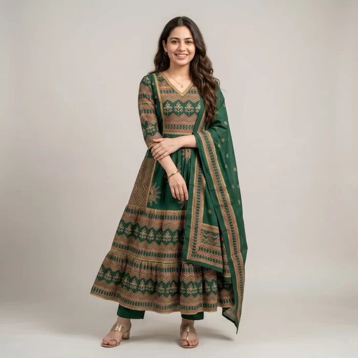 Dark Green Printed Anarkali Kurta Set With Dupatta For Women