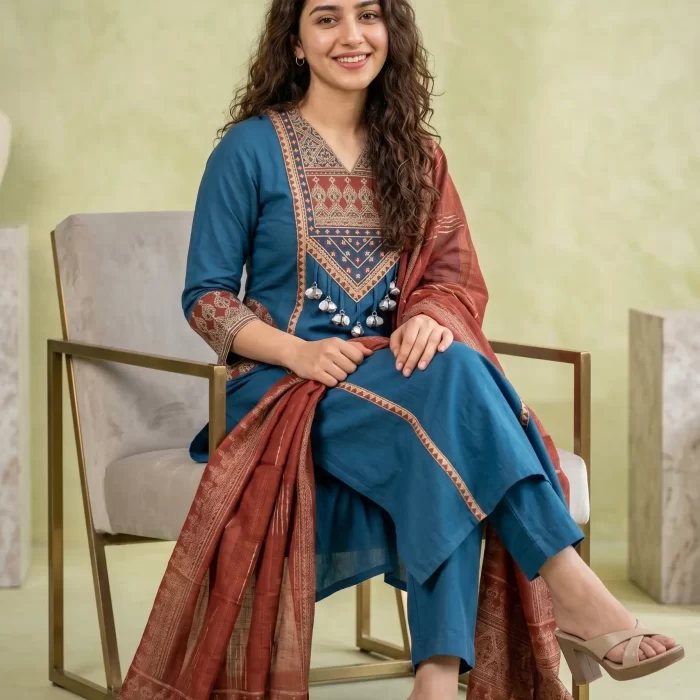 Women Blue Straight Kurta Pant Set with Dupatta