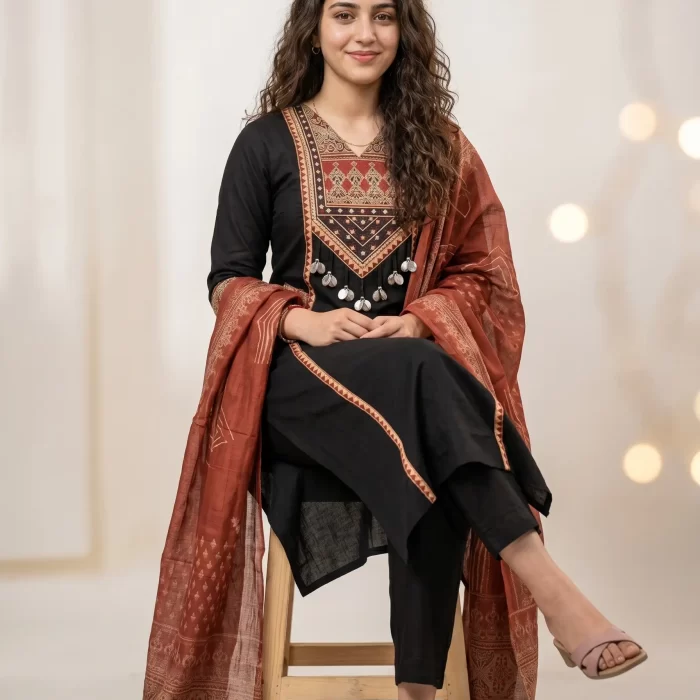 Black Ethnic Straight Kurta Pant Set with Dupatta