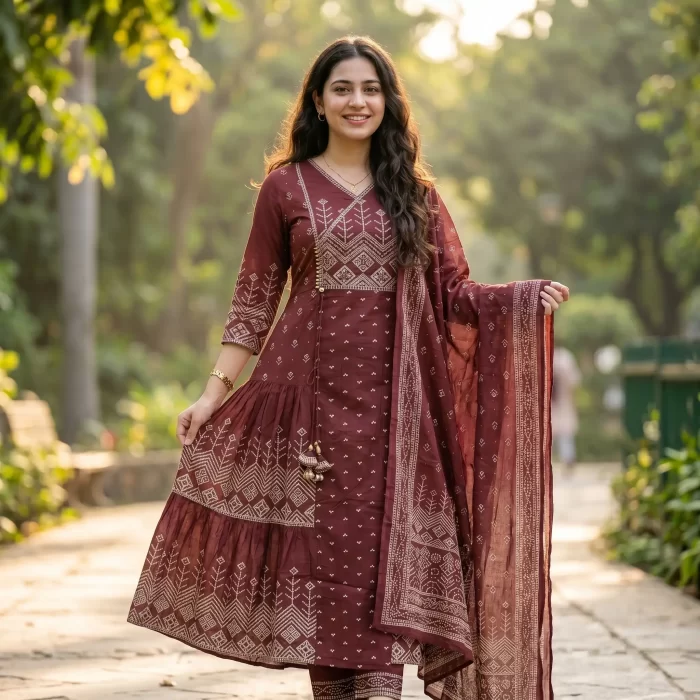 Wine Brown Printed Anarkali Kurta Set with Dupatta for Women